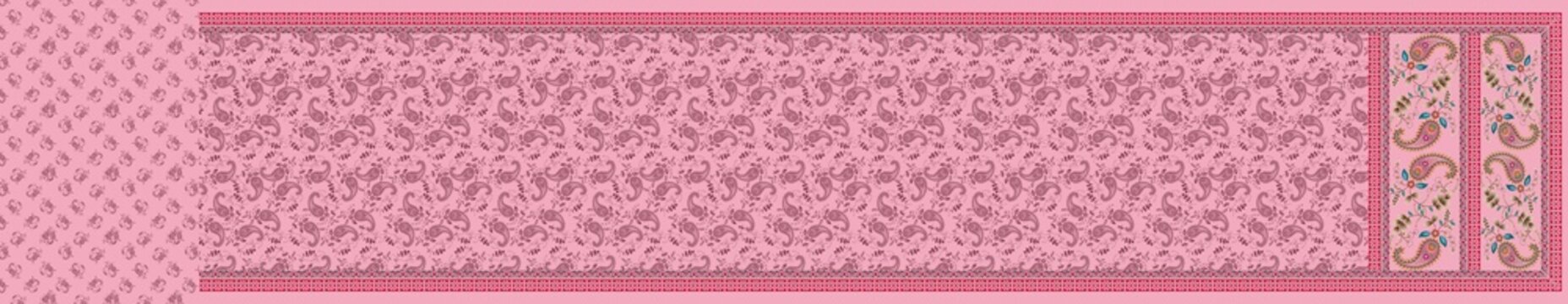 Traditional pink saree border and pallu design with floral paisley print pattern