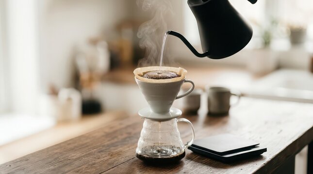 Pouring Hot Water Over Coffee Grounds in a V60 Dripper for Pour Over Coffee brewing