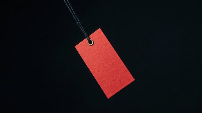 Red Blank Price Tag Hanging on Black Background swinging photo