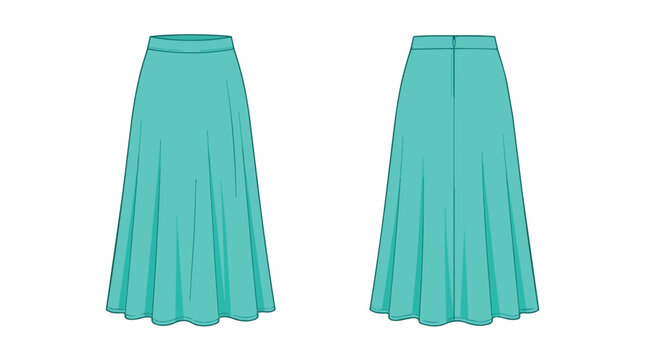 Women's High Waisted Flared Maxi Skirt Fashion Flat Sketch Front and Back View Technical Drawing Apparel Template