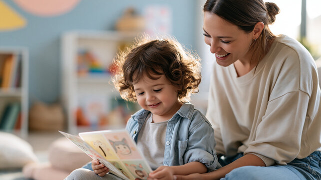 A speech therapist kneeling beside a young child practicing vowel sounds with illustrated flashcards in a colorful therapy room, pediatric rehabilitation, communication recovery,