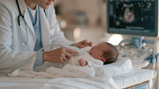 Irish pediatric cardiologist using ultrasound wand to scan newborn heart on examination table, echocardiogram screen showing cardiac structures, neonatal cardiology assessment,
