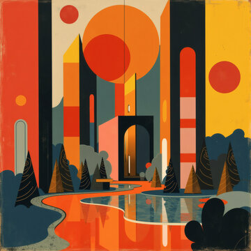 Abstract geometric art landscape with vibrant suns, retro architectural towers, and a reflective orange river, generative AI illustration