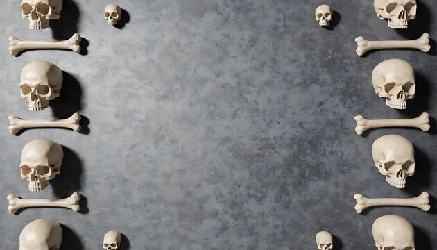 Halloween skulls and bones arranged as a frame on a dark textured