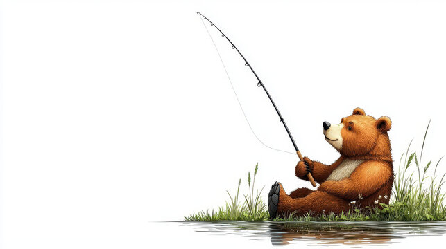Cartoon bear fishing by calm water body, surrounded by grass and reeds, exuding sense of tranquility and leisure