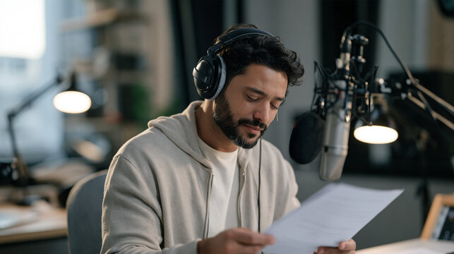 Georgian male actor performing emotional scene dubbing in tight recording booth, eyes closed, script gripped tightly, tears forming during dramatic film localization take,
