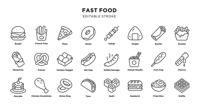 Fast food editable outline icon set