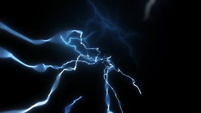 Electric blue plasma lightning arcs extend across a pitch black background, creating dynamic glowing energy effects.
