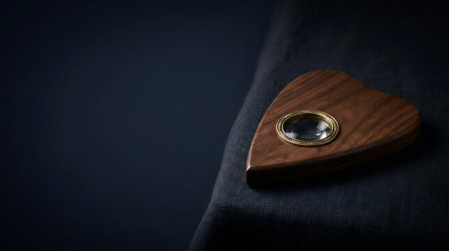 Dark Walnut Planchette with Brass Ringed Glass Lens on Linen in Moody Occult Halloween Setting