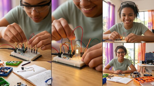 Young Girl Engaged in STEM Electronics Project Collage education science