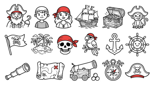 Hand-drawn pirate adventure and character icon set.