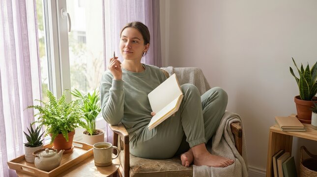 Young Woman Relaxing by Window with Book and Tea female sitting