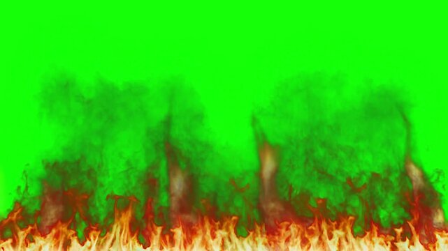 Fiery orange flames and dark smoke billow along the bottom edge against a bright green chroma key background.