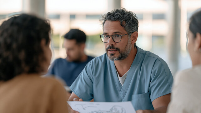 Neonatal surgeon in scrubs consulting with parents over illustrated diagram of infant anatomy outside operating room, pediatric surgical planning, congenital abnormality