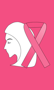 Woman Hijab Silhouette Profile with Pink Ribbon for Breast Cancer Awareness Vector