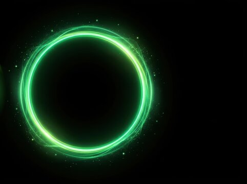 Glowing green energy circle with particles during a dark night concept