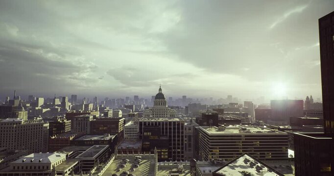storm clouds gathering above capitol and skyline, darkened sky and gusting winds, electric atmosphere with looming lightning and wet rooftops, tense urban mood