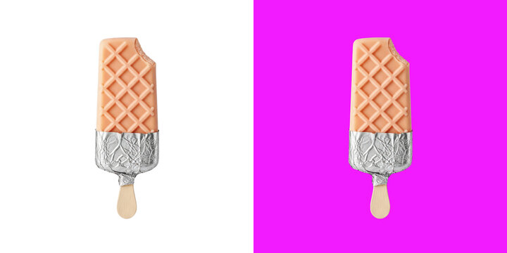 Bitten waffle ice cream bar on wooden stick with silver foil wrapper transparent background, png
