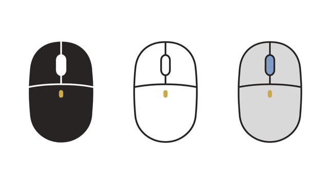 Minimalist computer mouse icons set in black, white and grey flat vector style on white background, perfect for UI design, tech presentations and e-commerce websites