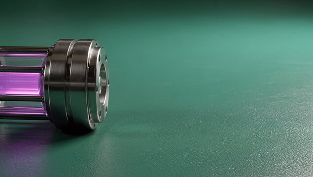 A metallic industrial device with a glowing purple light tube rests on a green textured surface