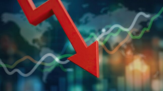Red arrow pointing down over financial market charts and world map background