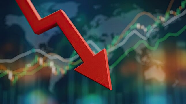 Stock market crash concept with red downward arrow and financial charts