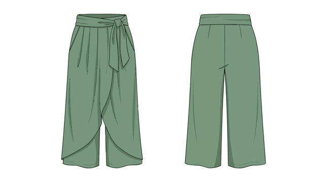 Fashion Technical Sketch of Sage Green High Waisted Wide Leg Trousers with Front Wrap Detail and Tie Belt