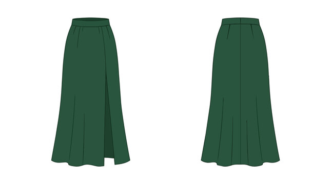 Elegant Dark Green Maxi Skirt Technical Sketch Set with Front and Back Views for Women Fashion Design Apparel