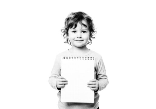halftone Young child holding a blank piece of paper with a thoughtful expression