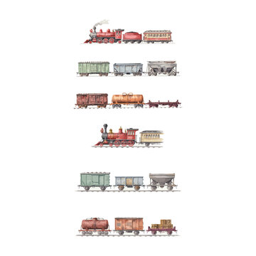 Set of vintage steam locomotives and various railway freight train cars for transportation and logistics design