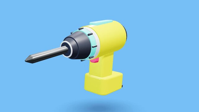 Animated yellow electric power drill rotates on a solid blue surface