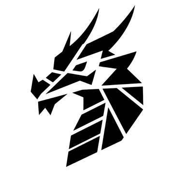 A minimalist black and white geometric vector logo features the stylized head of a sharp, angular dragon against a solid white background.
