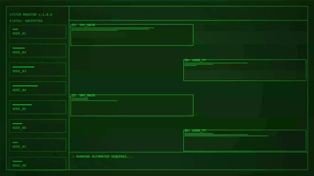 Futuristic green computer terminal interface displaying data panels