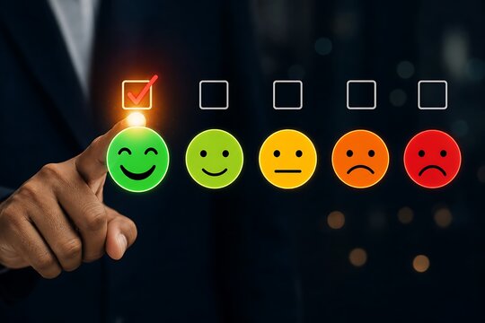 Customer feedback concept with hand touching a green happy rating face icon on screen