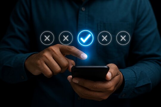 Customer satisfaction survey with digital checkmark and cross symbols on phone