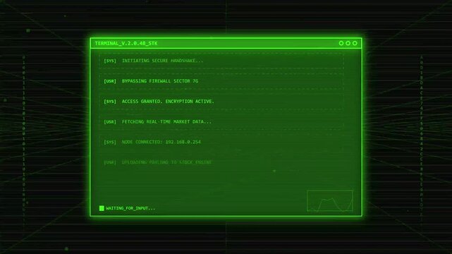 Six glowing green terminal windows display digital code on a screen