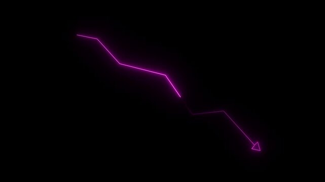 glowing neon downward graph with arrow indicating decline, loss, and negative trends on a dark, perfect for conveying risk, crisis animation
