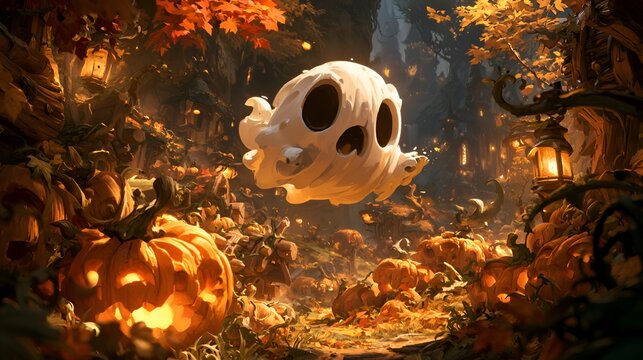 Whimsical Halloween scene with a friendly ghost floating over pumpkins and lanterns