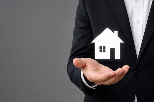Man in a formal suit holding a white paper house cutout model in his open palm indoors