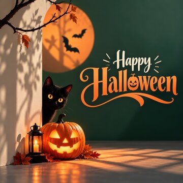 Happy Halloween greeting card template featuring a curious black cat, glowing jack o lantern, flying bats, and lantern against a moody backdrop