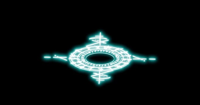 Glowing occult circular sigil with mystical runes rotating in the center, shown from a dramatic perspective angle with cyan illumination against a dark background.