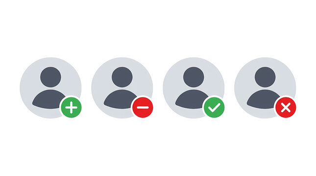 User Management Icons. Add Remove Verify And Delete Profile Symbols. Account Administration Concept. Clean Flat Vector Illustration
