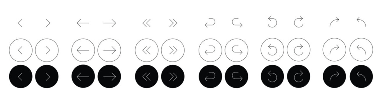 Clean linear navigation arrow icons set featuring circular outline and solid styles for backward forward undo redo and directional interface elements