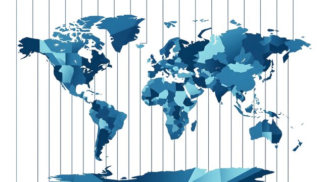 Abstract world map with vertical time zone lines in blue geometric style