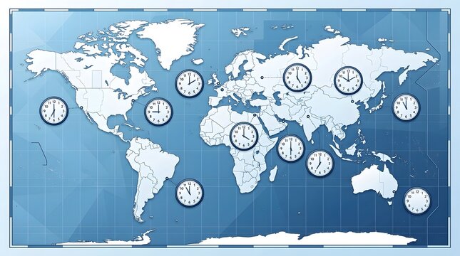 World map with clocks showing different time zones around the world