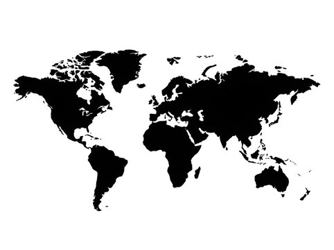 Simple black silhouette world map isolated on white background