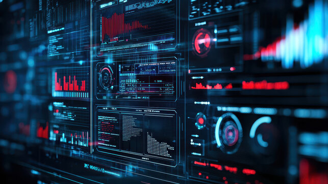 Futuristic digital interface with data visualizations, graphs, and charts in blue and red tones, conveying technology and innovation