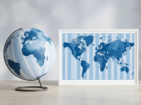 Globe and framed world time zone map on a wooden table