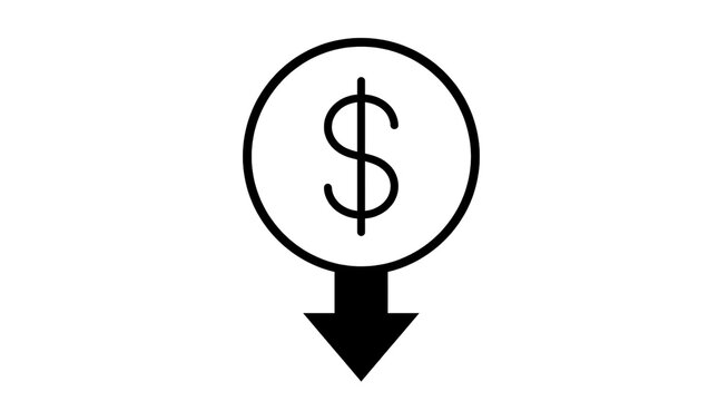 Dollar Down Arrow Icon. Currency Decrease And Financial Reduction Symbol. Money Savings Concept. Minimal Vector Illustration