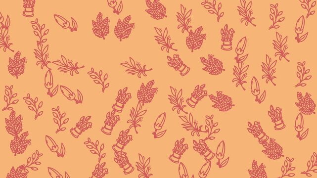 floral pattern autumn featuring red outline botanical sketches on orange background, repeating floral pattern design. Perfect for wallpaper, packaging, fabric, and stationery design projects.